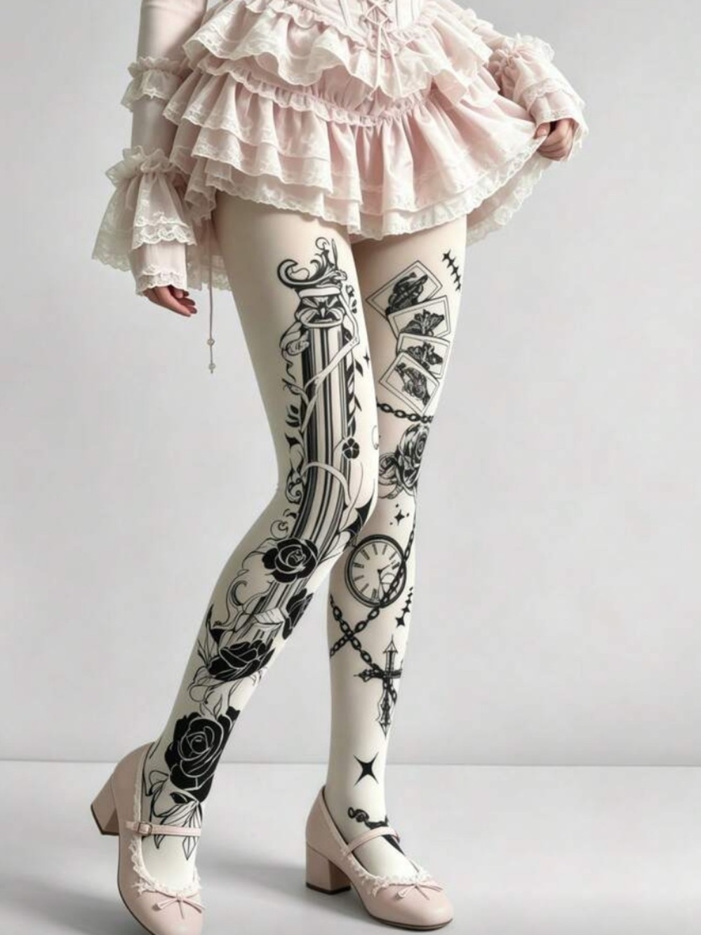Elegant White Tattoo-Print Tights for Women
